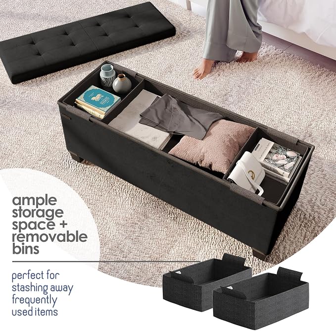 Storage Ottoman Bench with Bins, 43-in Storage Bench for Bedroom End of Bed, Folding Foot Rest Ottoman for Living Room Max 660lbs, Velvet Ottomans, Black