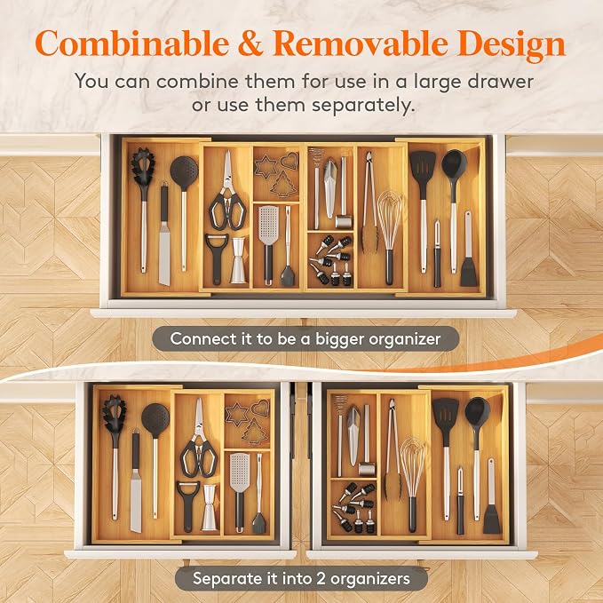 Lifewit Expandable Utensil Organizer for Kitchen Drawer, Cutlery Holder | Adjustable Cooking Silverware Tray, Bamboo Flatware Spatula Tools Gadgets Storage Divider, 21-36 x 16", Natural