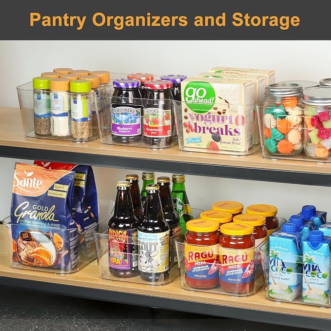 Heyuzb 8 Pack Plastic Organizer Bins and 20 Pcs Freezer Bags Multi-Use Pantry Organizers and Storage Clear Storage Bins for Organizing Kitchen, Fridge, Cabinet and Shelf