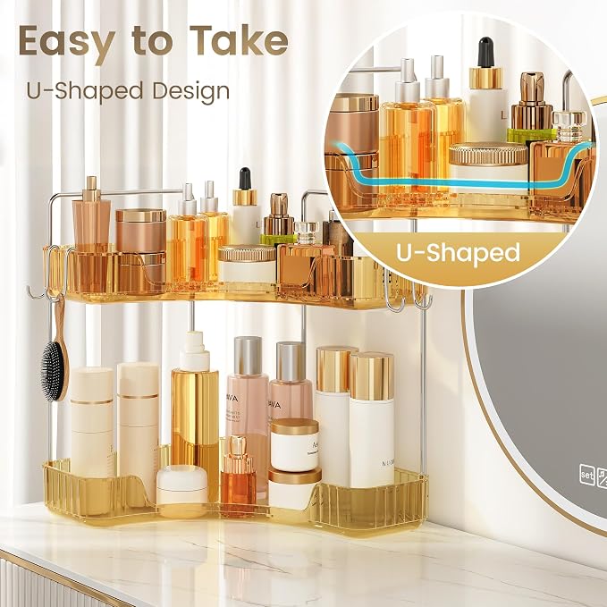 Corner Counter Organizer, 2 Tier Bathroom & Kitchen Storage Tray | PET Vanity Organizer Storage Countertop with Hooks for Skincare, Makeup & Jewelry, Gold