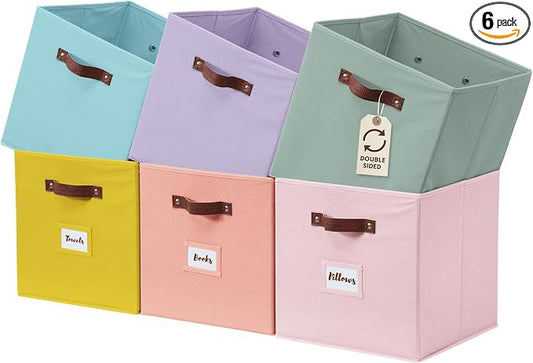 DECOMOMO Storage Bins, Cube Storage Bin with Labels | 10.5" x 11" Fabric Storage Cubes for Shelves (6pcs, Rainbow)