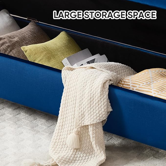 65" Storage Bench for Bedroom, Velvet End of Bed Bench, King Size Bed Benches for Foot with Tufted Button and Gold Legs, Upholstered Window Ottoman Benches with Armrests, Navy Blue