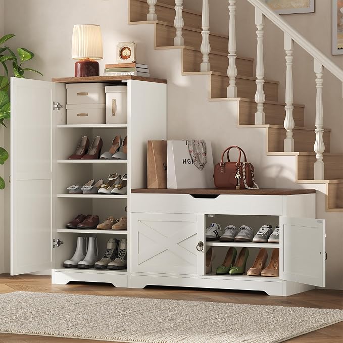 47'' Shoe Cabinet with Bench Seat, 7-Tier Shoe Storage Bench for Entryway with Adjustable Shelves, Hidden Lift Top Storage and 0.7'' Top Panel for Hallway Entrance, White