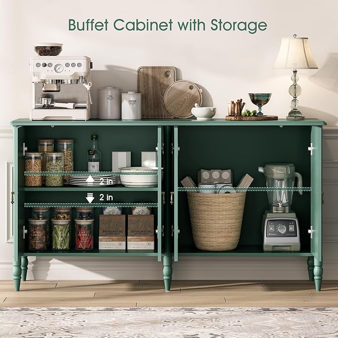 JOINICE 59" Sideboard Buffet Cabinet with Storage for Dining Room,Green | Vintage Credenza with Adjustable Shelves & Solid Wood Legs,supports up to 100 lbs,for Kitchen,Bar,Hallway,TV Console