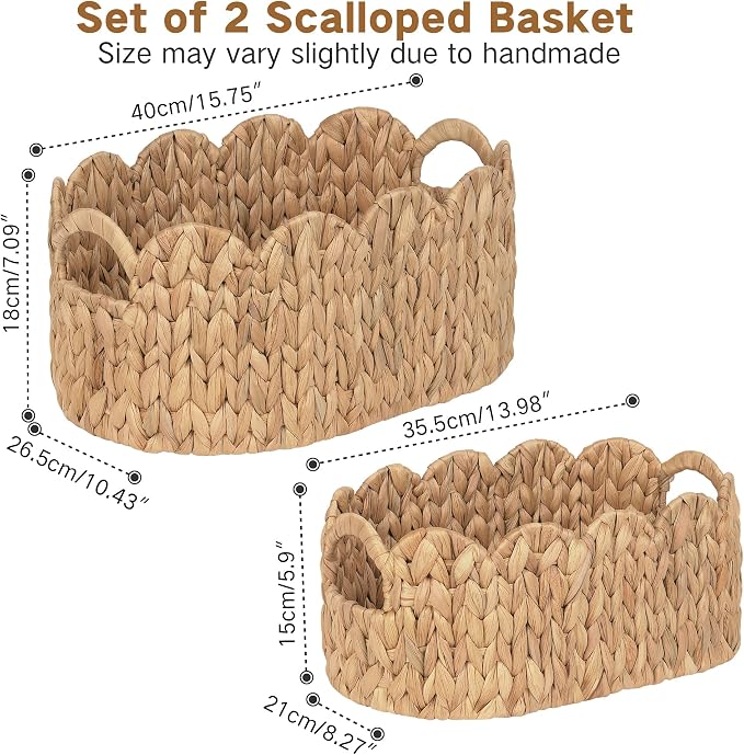 iEGrow Scalloped Wicker Basket, Set of 2 Hand-Woven Natural Rattan Baskets with Built-in Handles, Water Hyacinth Storage Oval Cute Baby Baskets for Nursery, Organizing, Decor and Shelves