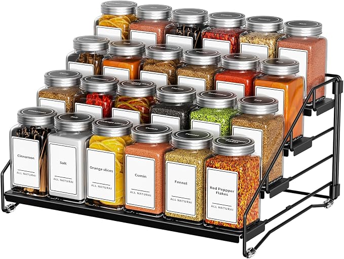 BOIVSHI 4 Tier Spice Rack for Cabinet, Spice Rack Organizer, Depth Adjustable Spice Holder for Countertop, Cupboard, Pantry, Seasoning Shelf, Metal, Black (1 Pack)