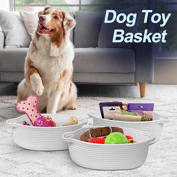 MEGASKET White Small Woven Basket, 13” x 9” x 5” Baskets for Gifts Empty Cotton Rope, Cute Nursery Baby Storage Organizer, Wicker Cat Toy Bin Box with Handles, Empty Gift Boo Basket