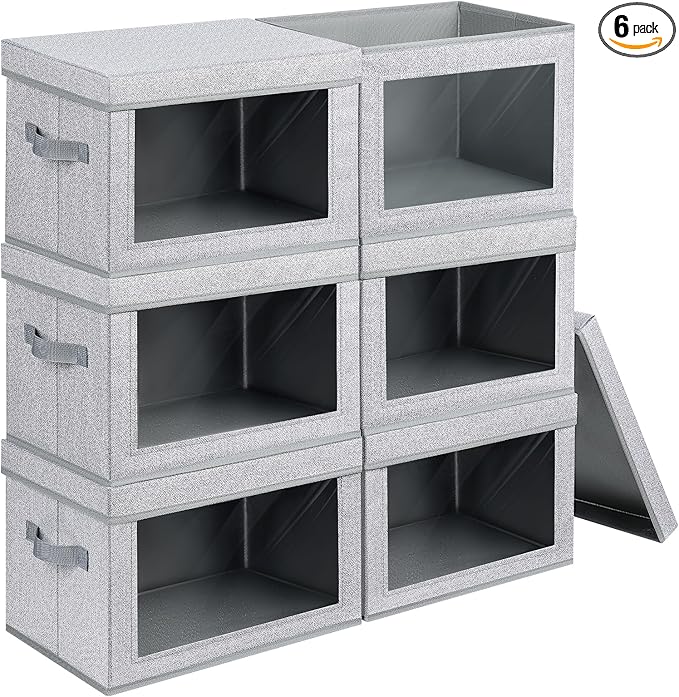 Homsorout Stackable Storage Bins with Lids - Medium Storage Box with Lids, Foldable Storage Bins, Wardrobe Clothes Organizer with Window, Cubes Storage Bins for Living Room, 6 Pack, Blended
