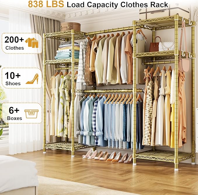 Ulif E7 Garment Rack, Heavy Duty Clothes Storage System with Extendable Hangers Rods, Metal Clothing Rack with 6 Wire Shelves, (52.3"-72") W x 14.5" D x 71.2" H, Load 838lbs, Gold | Metal Clothing Rack with 6 Wire Shelves, Freestanding Portable Closet ...