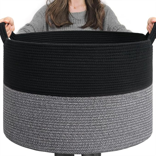 INDRESSME XXXLarge Woven Rope Blanket Basket Living Room Black Grey | 21.7" x 13.8" Storage baskets for toys laundry & pillows. Fits living room bedroom or playroom décor. Soft-touch with handles