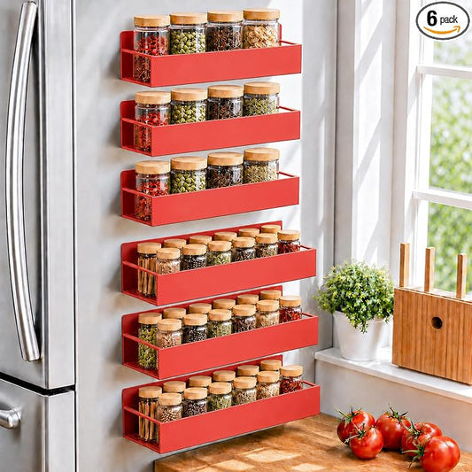 SMRCAD 6 Pack Metal Magnetic Spice Rack for fridge, Heavy Duty | Iron + Magnet | Holds 9 lbs per shelf | Full-back magnets | Screws included | Climate Pledge Friendly