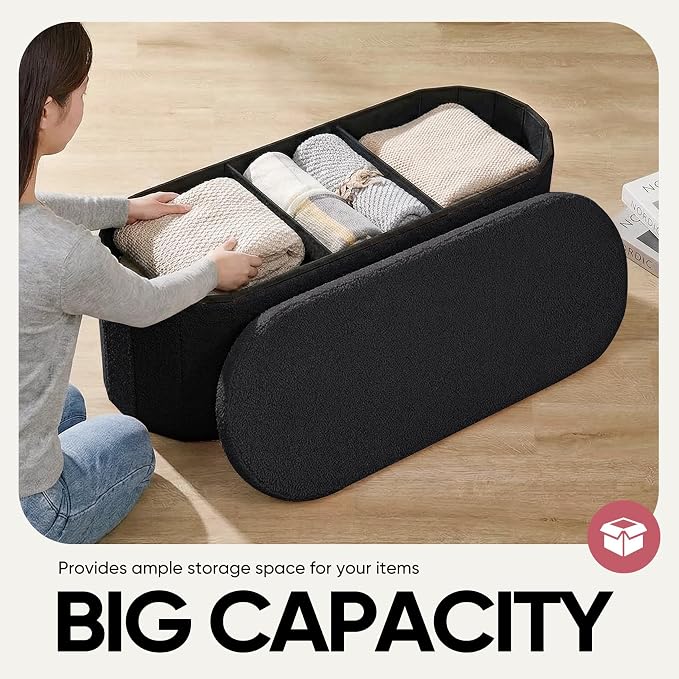 43 Inches Oval Ottoman with Storage, Boucle Sherpa Storage Ottoman Bench, Folding Foot Rest Chest for Bedroom Living Room