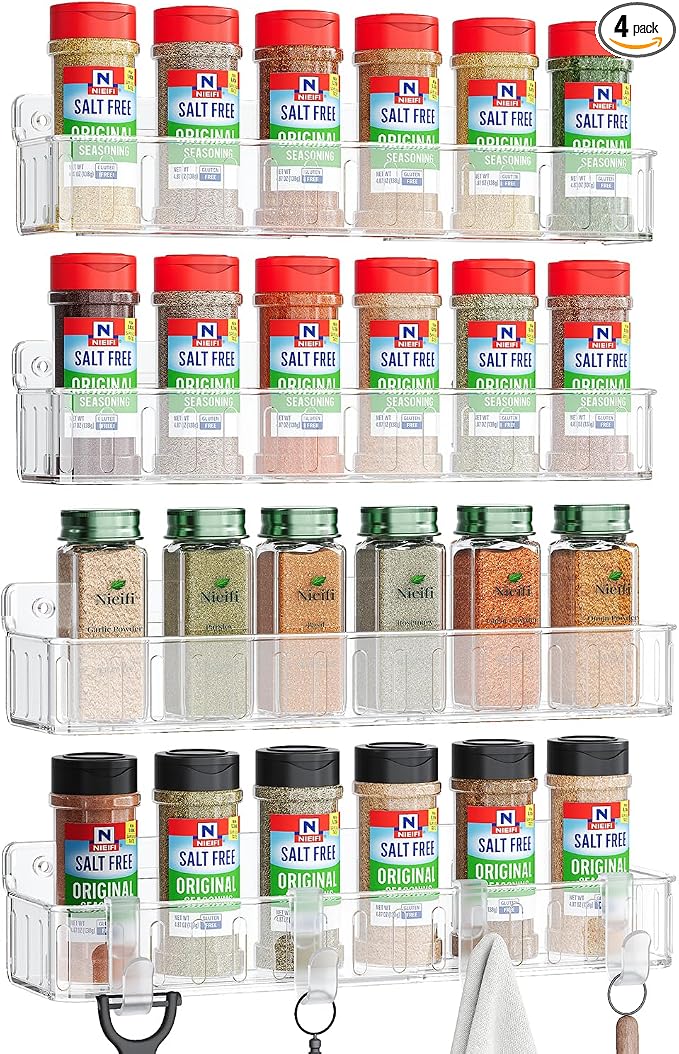 Nieifi Spice Rack Wall Mount, 4 Pack Clear, 2" Depth, Screw/Adhesive | Wall-Mounted with Removable Hooks Saves Counter Space, Fits 2" Deep Jars, Ideal for Kitchen Cabinets, Pantry Doors, and RVs.