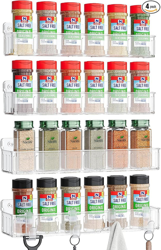 Nieifi Spice Rack Wall Mount, 4 Pack Clear, 2" Depth, Screw/Adhesive | Wall-Mounted with Removable Hooks Saves Counter Space, Fits 2" Deep Jars, Ideal for Kitchen Cabinets, Pantry Doors, and RVs.