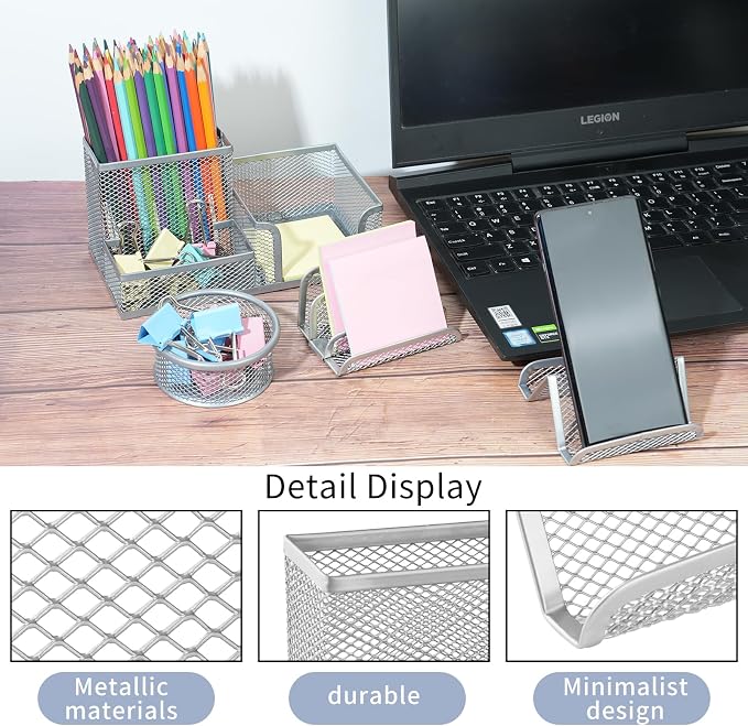 Desk Organizer for Office, 6 Pieces Mesh Desk Multi-functional Storage Set Office Supplies Accessories (Silver)