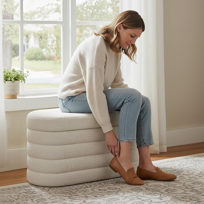 GLAXYFUR Oval Storage Ottoman Bench, 30 Inches Entryway Shoe Seat | Upholstered Ottoman with Storage, End of Bed Stool Blanket Chest, For Living Room, Hallway, Sherpa White