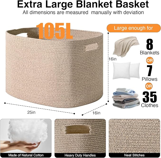 ICERZCZ Large Storage Basket for Organizing, Blanket Basket for Living Room, Large Toy Baskets for Storage, Woven Cotton Rope Baskets for Blankets, Clothes, Shoes, Brown, 25”x16”x16” (105L)