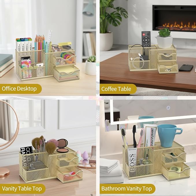 Mesh Desk Organizer with 2 Drawers, Metal Pen Holder for Desk, Gold | Versatile Storage for Pens, Notes, Clips, Desk Accessories and Office Supplies for School Office Classroom