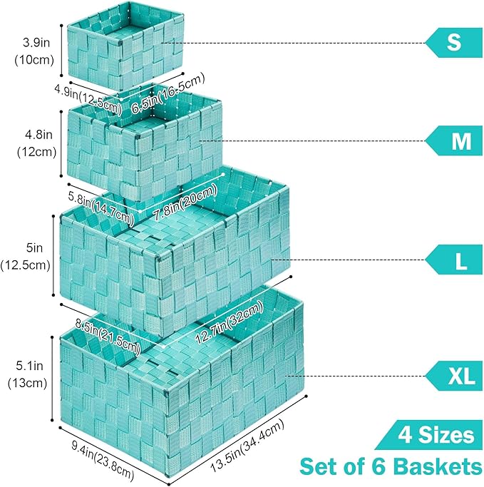 Storage Baskets with Lids: 6 Pack Stackable Woven Storage Bins, Aqua | Decorative Woven Baskets for Organizing with Built-In Handles for Shelves, Closets, Cabinets and Cubbies, Gift Small Basket
