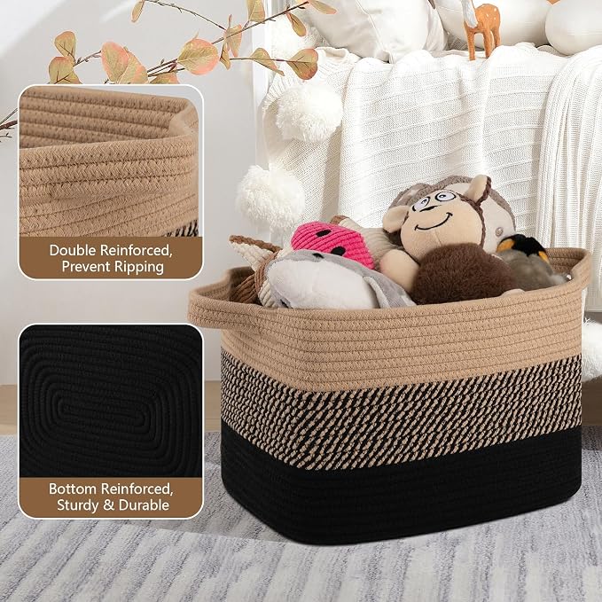 OIASKET Storage Basket for Organizing, Woven Baskets for Storage, Rectangle Decorative Baskets for Shleves, Closet, Toys, Books, Nursery Organizer Bins - Pack of 3 (Black & Brown, 15.75"x11.8"x9.85")
