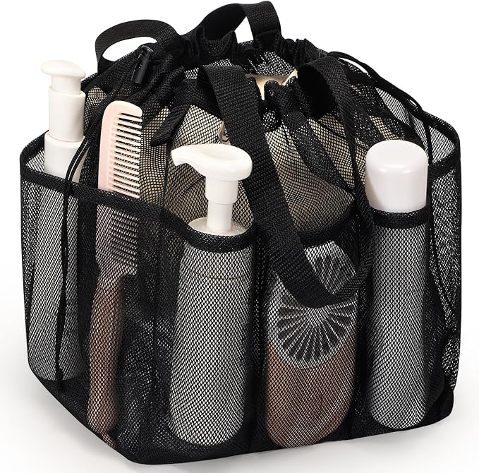 famichan Mesh Shower Caddy Portable with Drawstring, Dorm Room Essentials for College Students boy & girl, Larger Shower Bag for Camping,Swimming,Gym,Travel,Bathroom - Black