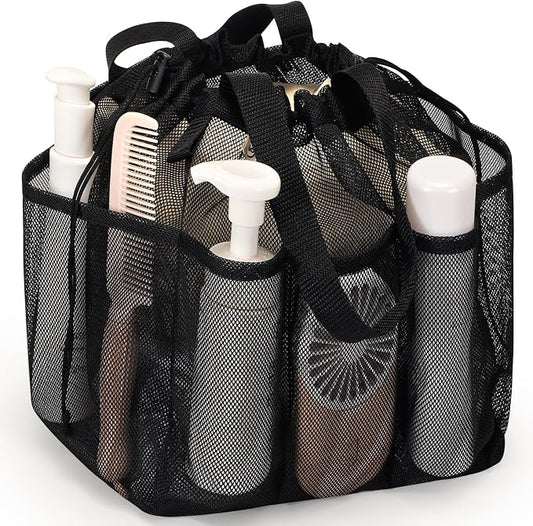 famichan Mesh Shower Caddy Portable with Drawstring, Dorm Room Essentials for College Students boy & girl, Larger Shower Bag for Camping,Swimming,Gym,Travel,Bathroom - Black