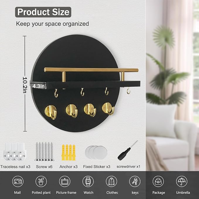 dreampossible Key Holder Wall Mount - 10.2 Inch Decorative Key Rack and Mail Organizer with 8 Key Hooks - Wooden Key Hanger with Shelf for Wall and Home Decor