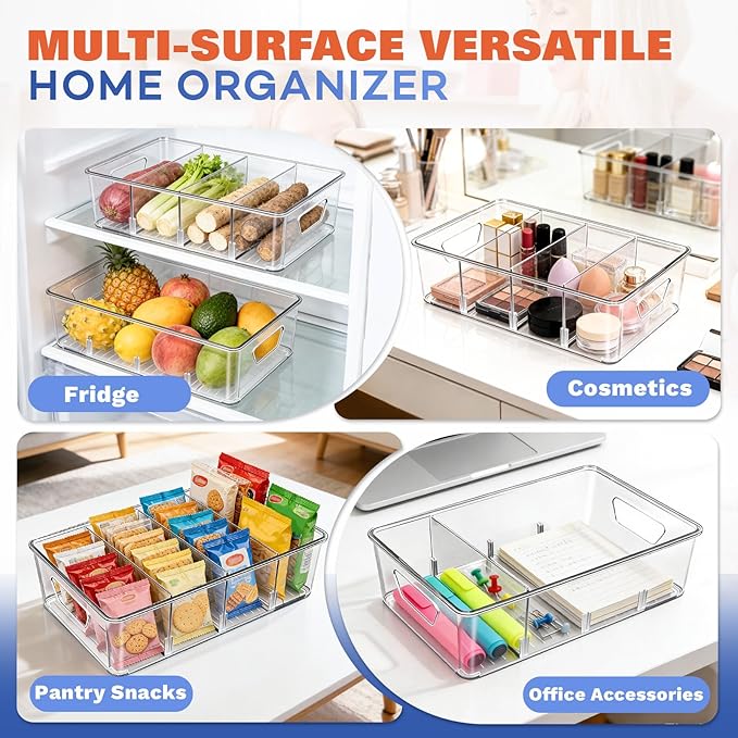 Stackable 4-Compartment Pantry Organizers and Storage, Clear Plastic Storage Bins with Removable Dividers Suitable for Pantry, Office, Kitchen, Cabinet & Fridge Organization, 2-Pack