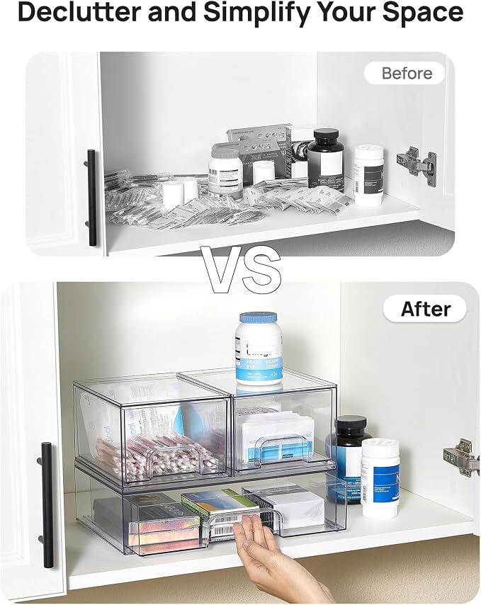 Vtopmart Stackable Storage Drawers Set of 3,Clear Plastic Organizer Bins for Makeup, Cosmetics, Beauty Supplies,Ideal for Vanity, Bathroom,Cabinet,Pantry Organization