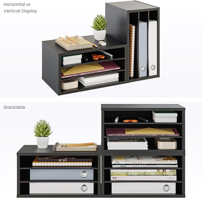 Ballucci File Organizer, 3-Tier Document Paper Sorter, Stackable Wood Desk Organizer, Mail Sorter and Monitor Stand with Storage Shelves, Black