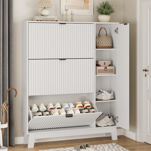 Xixini Shoe Cabinet with 3 Flip Drawers, 54" Tall Narrow Fluted Shoe Storage Organizer for Entryway, Hidden Wooden Shoe Rack with Adjustable Side Cabinet for Front Door Entrance, Hallway, Solid White