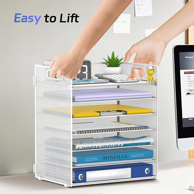 7 Tier Paper Organizer for Desk with Letter Trays & Handle White | Black Desk File Organizer with Handle for Sorting Papers, Files, Folders, Mail, Bills and Office Supplies