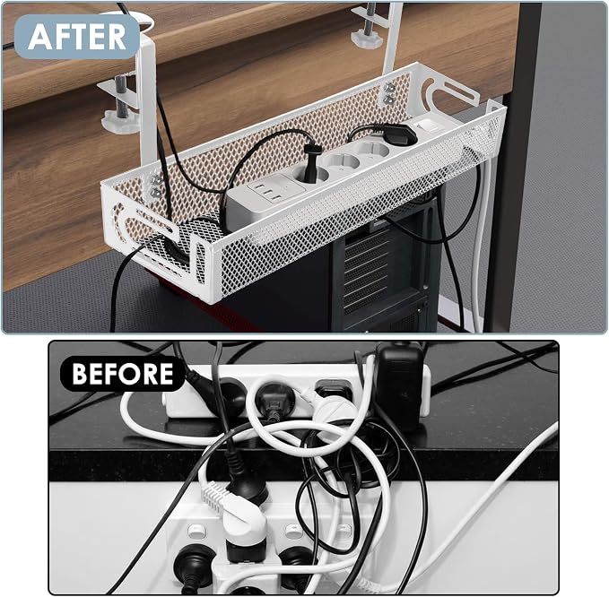 Cable Management Under Desk, Under Desk Cable Management Tray | No Drill Cable Tray, Metal Mesh Cord Organizer, cable organizer with Clamp for Standing Desk, Desk Organizer for Home Office