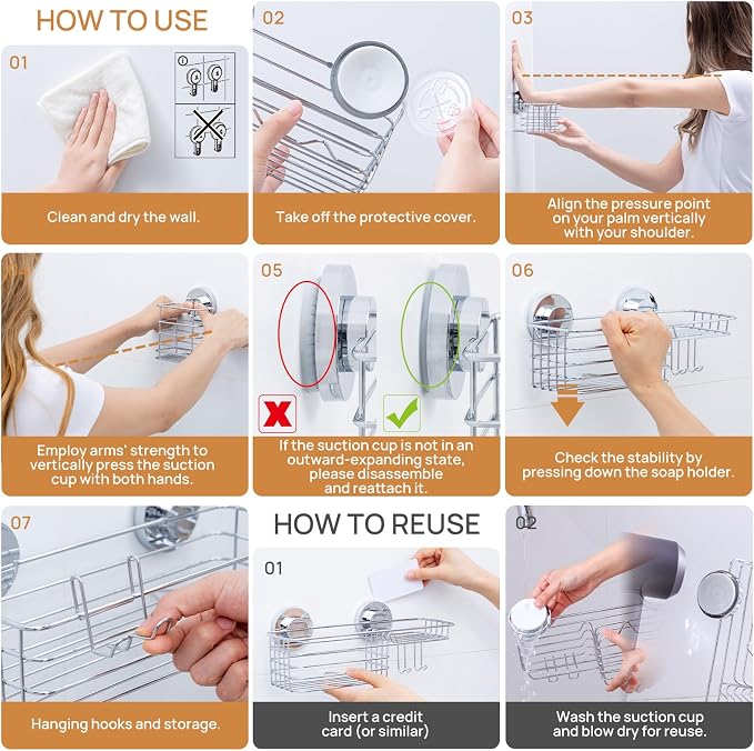 LEVERLOC Shower Caddy Suction Cup, 3 Pack Heavy Duty Shower Organizer | Silver Shower Caddies with Hooks, Soap Holder, Removable Bathroom Organizer, Rustproof Shower Storage, No Drill Shower Basket