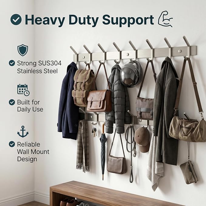 Coat Rack Wall Mount – Brushed Nickel 24 Inch Stainless Steel Hook Rail with 8 Heavy Duty Double Coat Hooks – Wall Mounted Coat Hanger for Entryway, Bathroom, Bedroom, Towel, Hat Organizer - 2 Pack