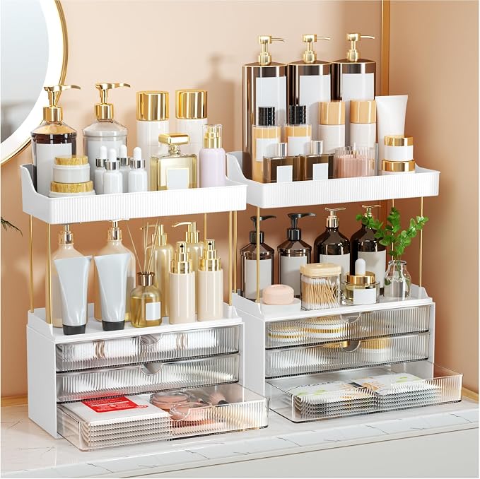 StorBin Arcylic 5-Tier Makeup & Skincare Organizer for Vanity, Bath, 2 Sets | Smooth 3 drawers, clear body, gold frame, non-slip, for perfumes, serums, face masks, palettes, vanity & bath counter,Clear
