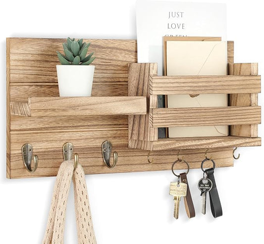 Lwenki Mail Organizer for Wall Mount – Key Holder with Shelf Includes Letter Holder and Hooks for Coats, Dog Leashes – Rustic Wood with Flush Mounting Hardware (16.5” x 8.7” x 3.5”) (Wood)