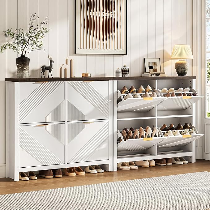 Shoe Cabinet with 4 Flip Drawers & Symmetric Groove Pattern for Entryway | 44.5''W x 9.2''D x 39.4'' White Fit for 16-24 Pairs of Shoes Slim Narrow Hidden Shoe Storage Cabinet for Hallway Living Room