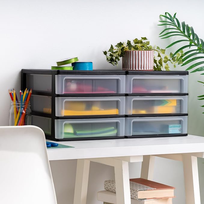 IRIS USA 2-Pack, 3-Drawer Medium Plastic Stacking Desktop Organizer, Black | Organize office supplies, stationery, makeup, craft materials and everyday essentials for neat desktop storage