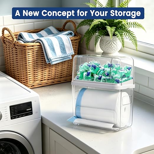 Trash Bag Dispenser with Laundry Pod Storage, Clear Under Sink Organizer | 3-in-1 Stackable Cabinet Bin, Laundry Pod Storage, Trash Bag Dispenser Fits 13/30/33/42 Gallon Garbage Bags