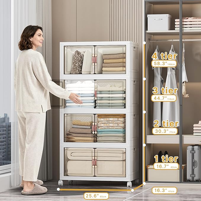 UAMFURI Stackable Storage Bins, 448QT Collapsible Drawers with Lid & Wheels | Large Capacity, Magnetic Door, Stack Lock, Rolling Casters, Foldable Design, Organizers and Storage for Bedroom Dorm Garage