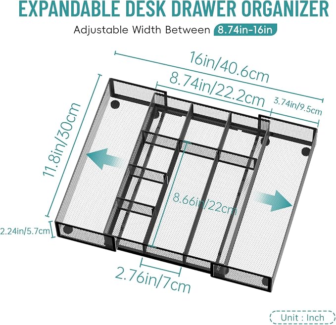2 Pack Expandable Desk Drawer Organizer, 10 Compartments, Black | Metal mesh drawer organizer tray with 5 removable dividers, expands from 8.74 to 16 in for office supplies, makeup or tools