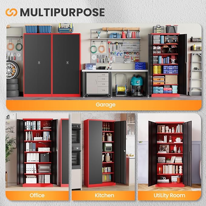 Metal Garage Storage Cabinets with Lock, 71" Tall Tool Cabinet with 2 Door and 5 Adjustable Shelves, Locking Garage Cabinets and Lockable Steel Locker for Home Office Warehouse-(Red Black-71”H)
