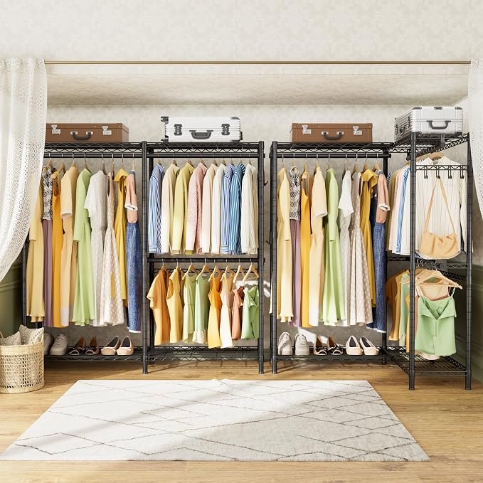 SINGAYE Heavy Duty Portable Closet Metal Clothes Racks Wardrobe with Shelf | Armoire Garment Rack Coat Rack with Adjustable Shelves Organizer and Storage for Hanging Freestanding Clothes Clothing Black