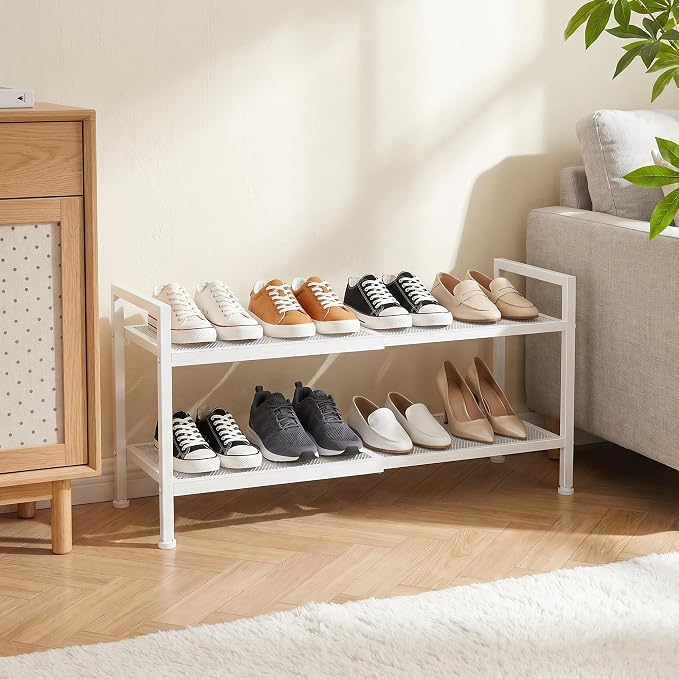 Shoe Rack, Expandable Shoe Rack for Closet, Adjustable Shoe Organizer for Entryway, Shoe Storage Organizer for Door Entrance, Garage, Bedroom (White, 2-Tier)
