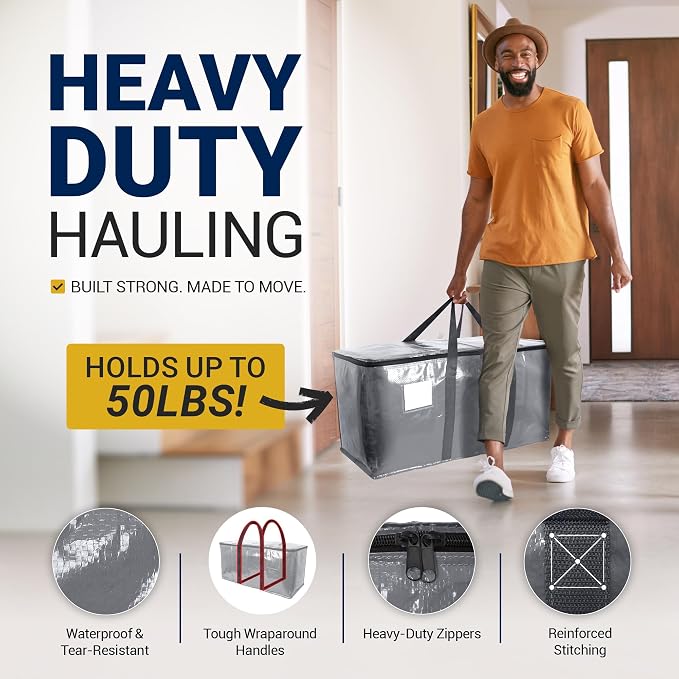 Reli. Moving Bags Heavy Duty (6 Pack) Grey, Extra Large Totes | For Storage & Packing | Small Space & Dorm Room Essentials | Packing Bags w/ Handles & Zippers | Alternative to Moving Boxes