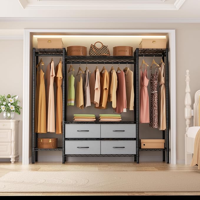 Golpart Heavy Duty Clothes Rack Metal Wardrobe with Adjustable Wire Shelves | Closet Organizers and Storage Clothing Rack Metal System Freestanding Hanging Clothes System Free Standing Garment Coat Racks