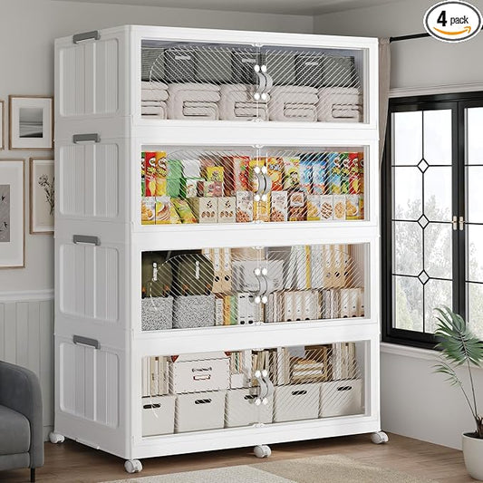 960QT Extra Large Stackable Storage Bins with Lid, 240Gal Plastic Closet Organizers and Storage Drawer, Collapsible Cabinet Box with Wheels Clear Doors for Home Kitchen Garage, 4Pack White