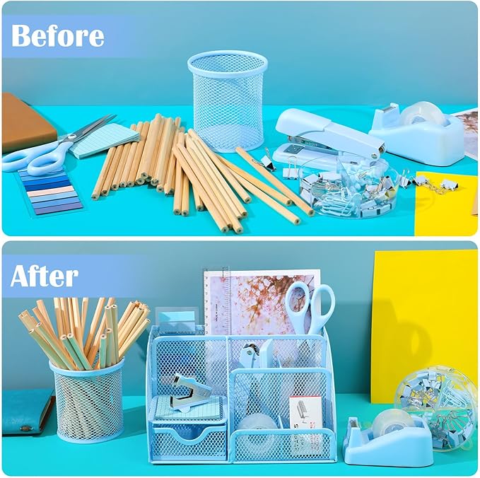 11 In 1 Blue Desk Organizer And Accessories, Light Blue Office Supplies Include Stapler, Tape Dispenser, Pen Holder, Staple Remover, Clips, Ruler, Scissors, Tapes, Tabs
