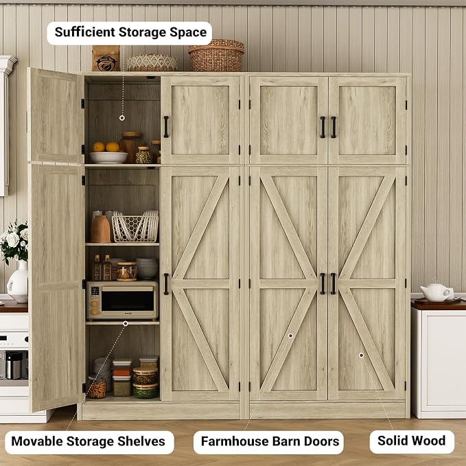Unikito 71” Tall Pantry Cabinet with Adjustable Shelves, Wash Gray, 2 Pack | Large Storage Cabinet, Farmhouse Barn Doors, Sturdy and Deep, Versatile for Kitchen, Dinning Room, Living Room, Bathroom